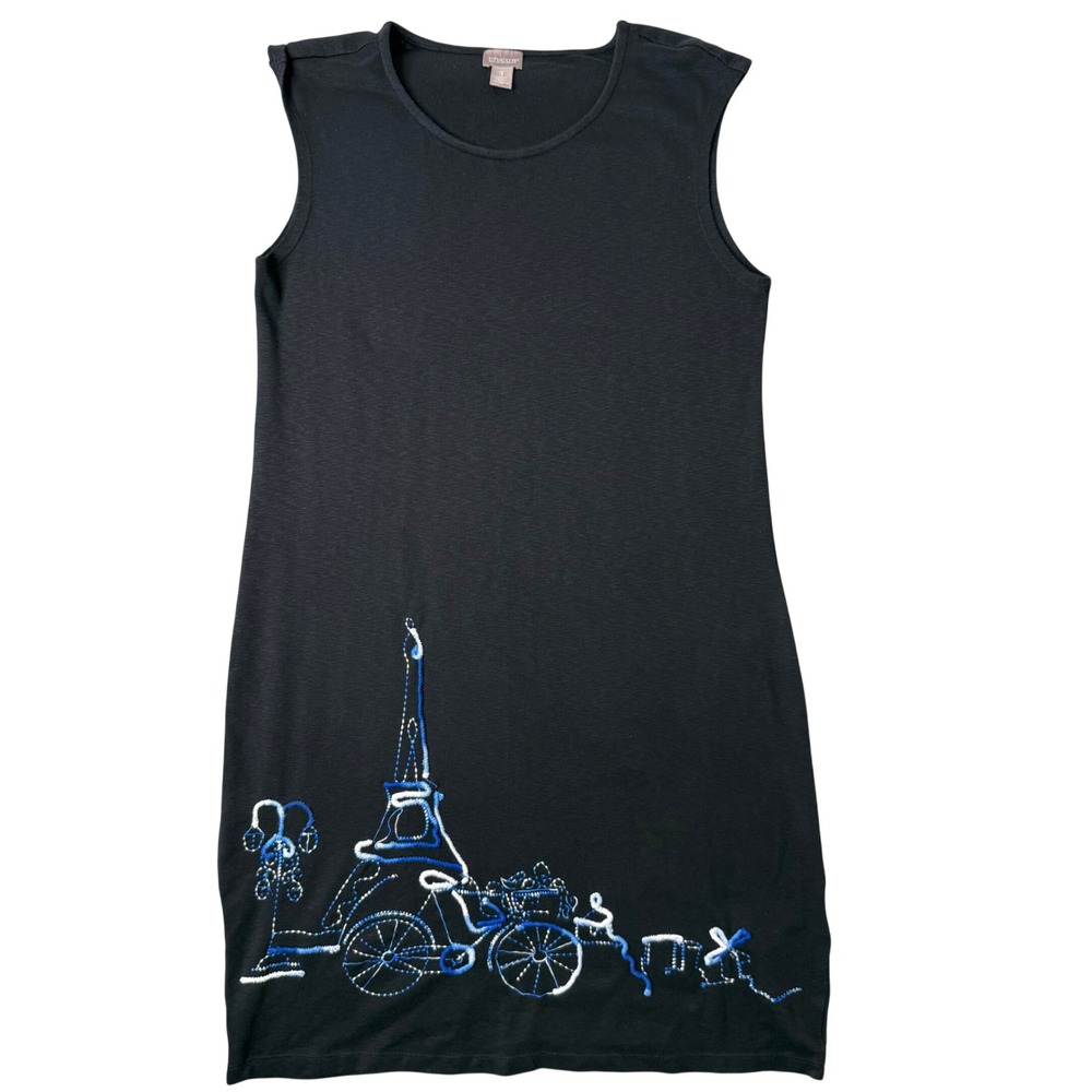 Chicos Paris Eiffel Tower Embroidered Shift Dress Size M Black Vacation French